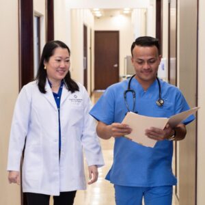 stem cell specialists in an clinic hallway