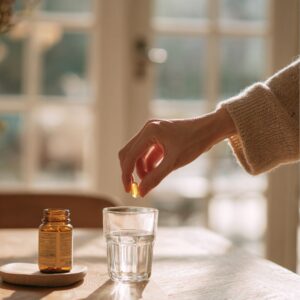 woman placing a vitamin capsule in a glass of water